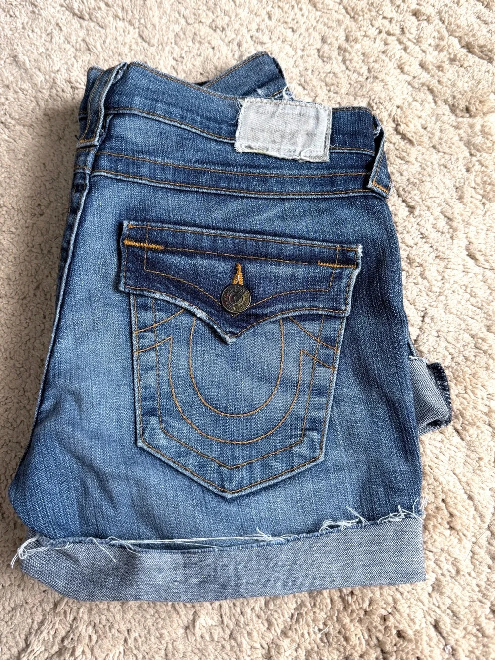True Religion Womens Shorts Size 26 Cameron Cut Off Denim Blue Jean Cuffed Y2K